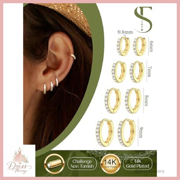 14K Gold Plated Dainty Hoop Earrings Set - 4 Pairs Hypoallergenic - Picture 5 of 8